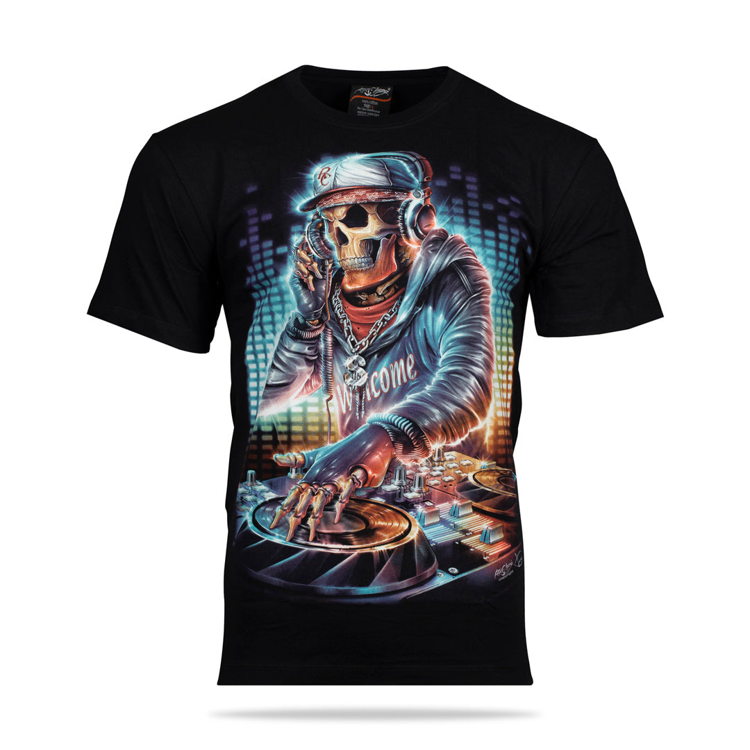 Schwarzes T-Shirt mit DJ Skull & Bone-Print, Vorderseite 
