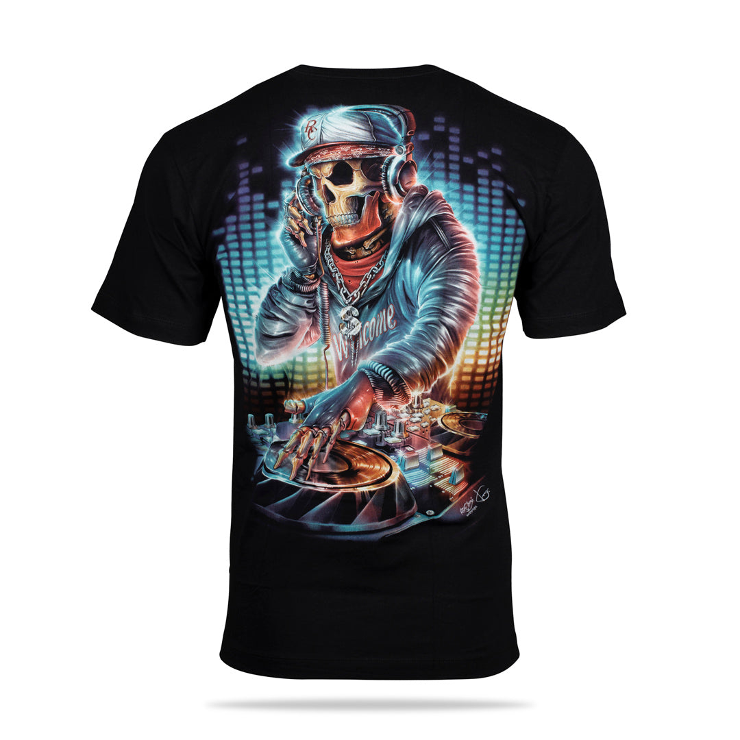 Schwarzes T-Shirt mit DJ Skull & Bone-Print, Rückseite