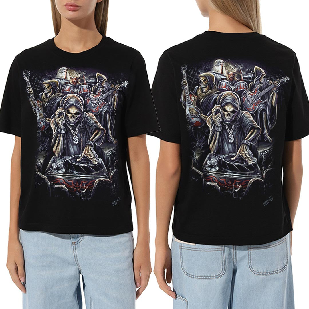 Schwarzes T-Shirt mit DJ Heavy Metal-Print, Vorder- und Rückseite
