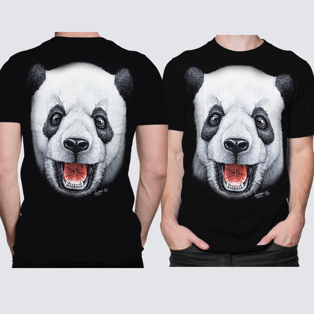 Schwarzes T-Shirt mit Panda-Print, Vorder- und Rückseite