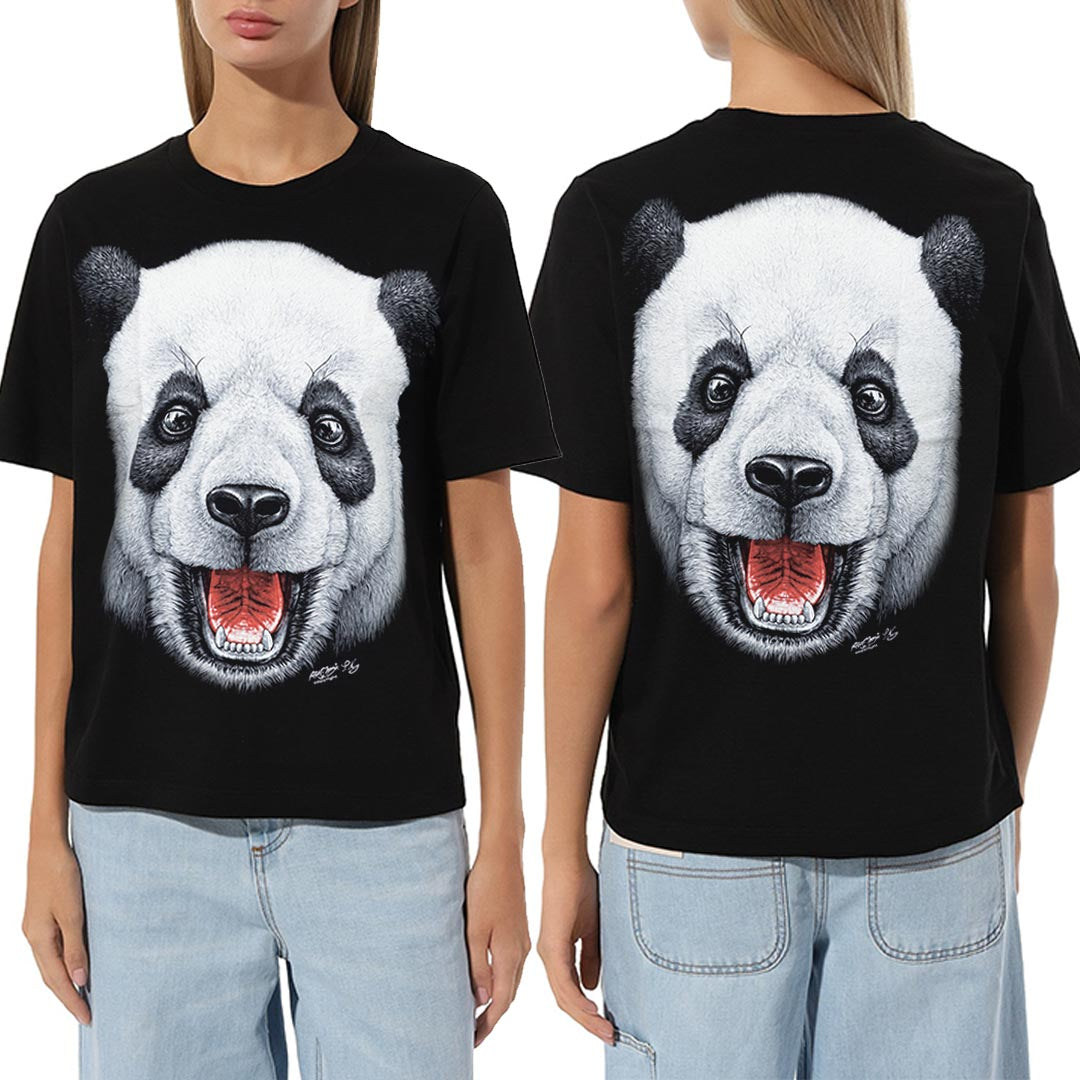 Schwarzes T-Shirt mit Panda-Print, Vorder- und Rückseite