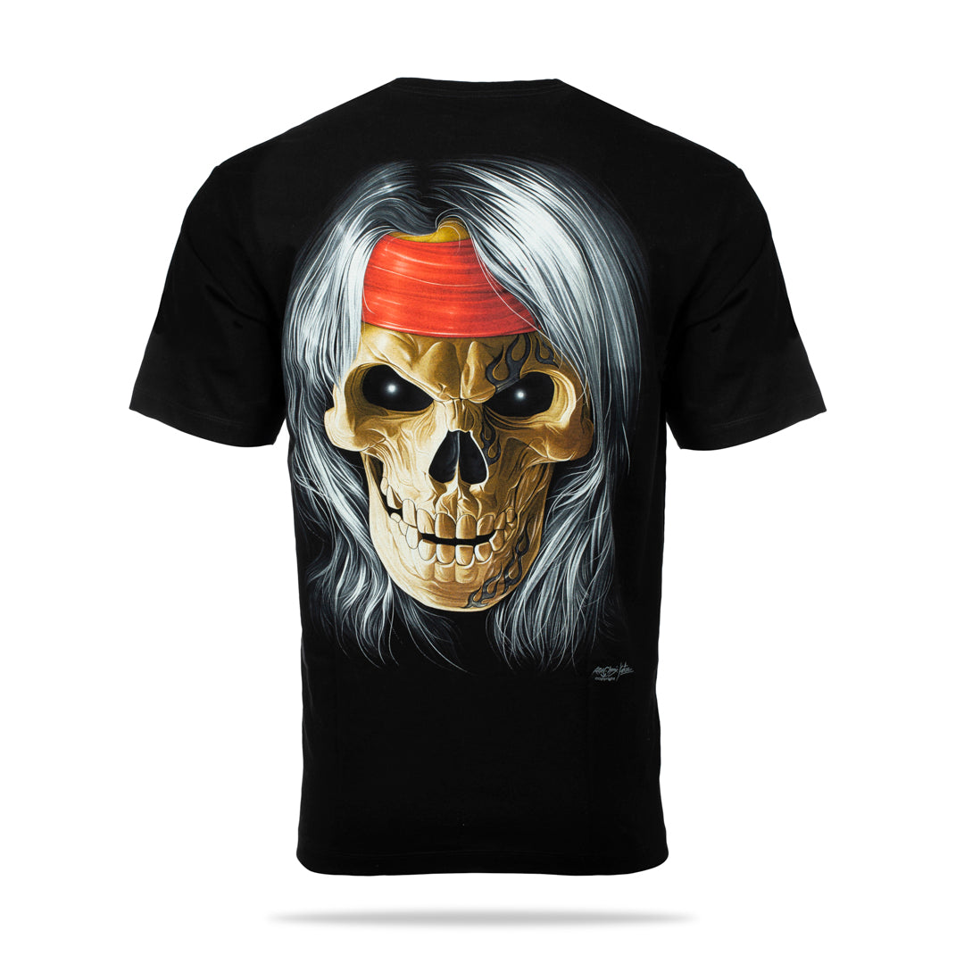 Schwarzes T-Shirt mit Totenkopf Stirnband-Print, Rückseite 