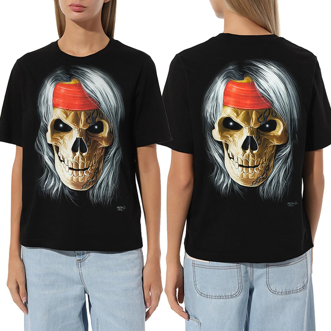 Schwarzes T-Shirt mit Totenkopf Stirnband-Print, Vorder- und Rückseite