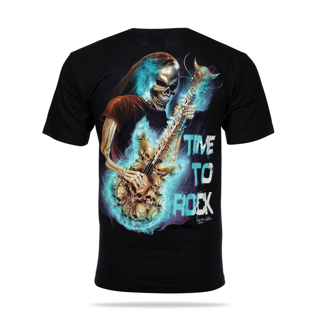 Schwarzes T-Shirt mit einem Skelett mit Gitarre und Time to Rock-Print, Rückseite 