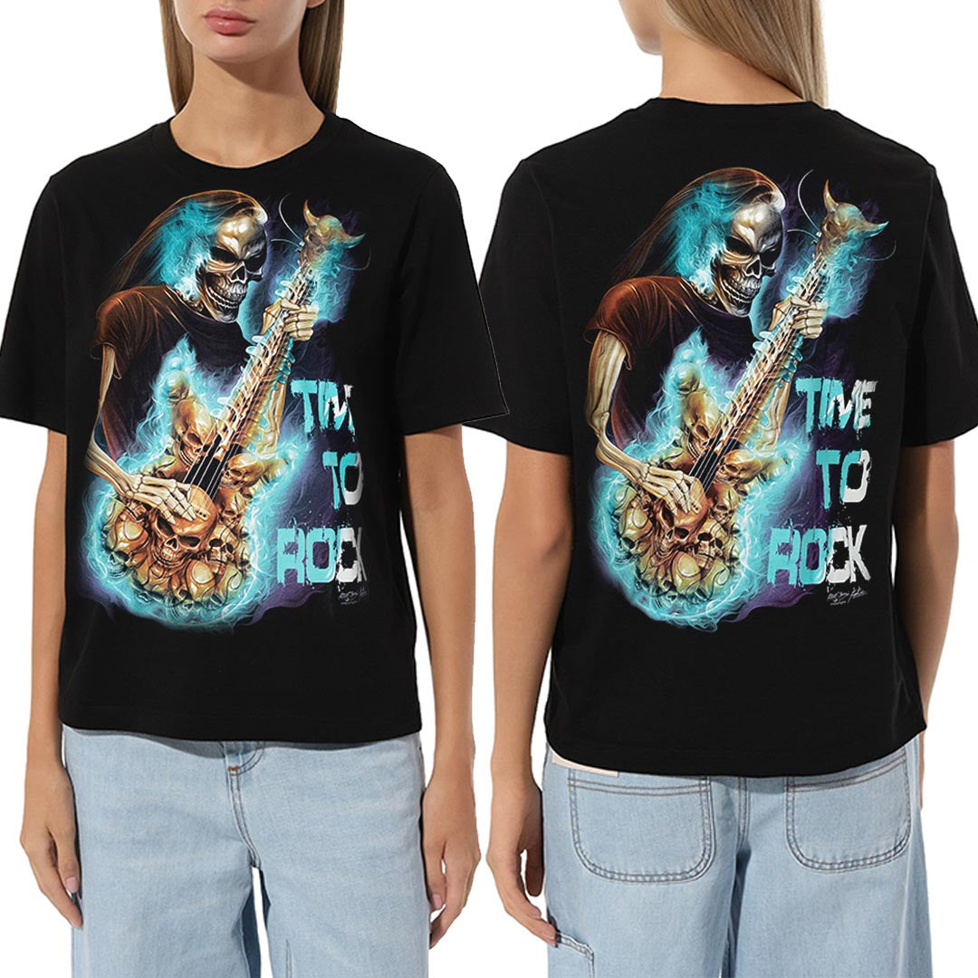 Schwarzes T-Shirt mit einem Skelett mit Gitarre und Time to Rock-Print, Vorder- und Rückseite