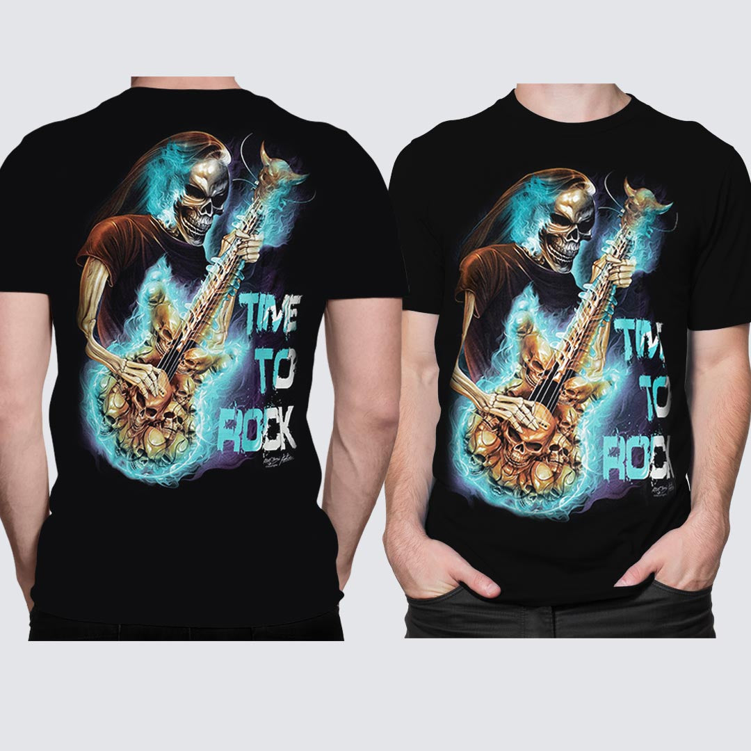 Schwarzes T-Shirt mit einem Skelett mit Gitarre und Time to Rock-Print, Vorder- und Rückseite 