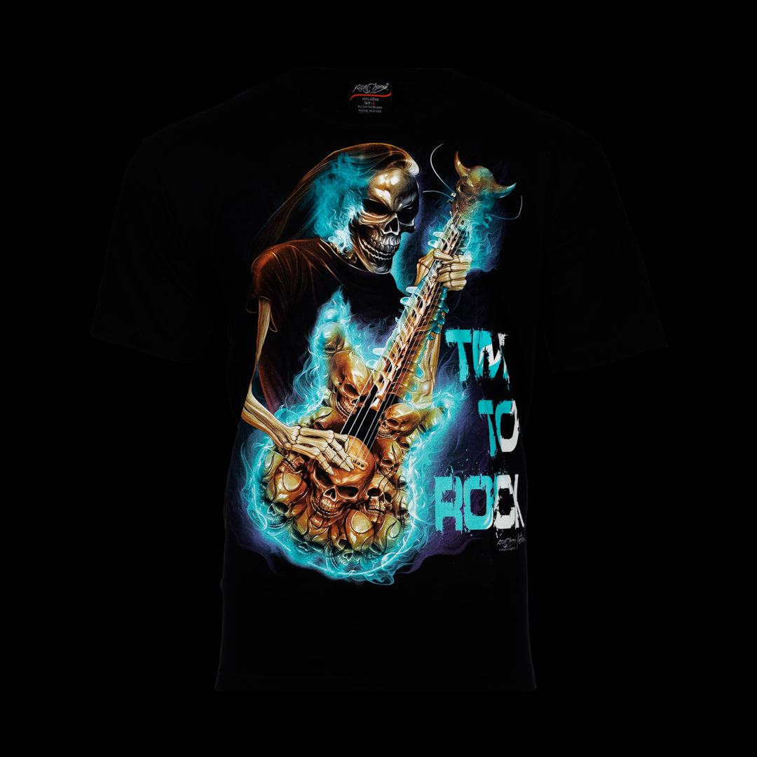 Ein Skelett mit Gitarre und Time to Rock-Print