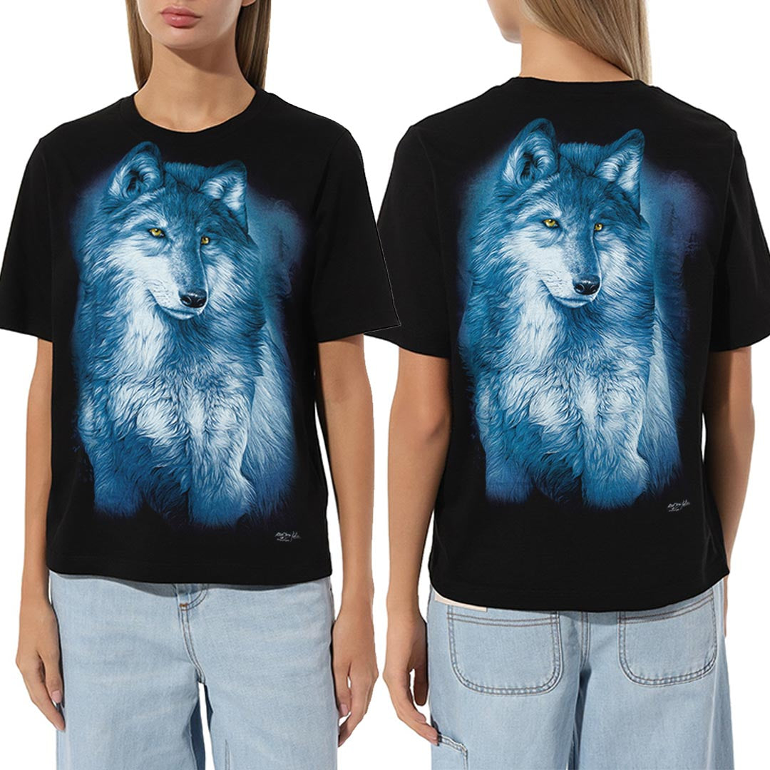 Schwarzes T-Shirt mit Wolf-Print, Vorder- und Rückseite