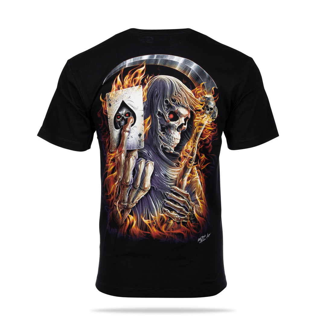 Schwarzes T-Shirt mit Skelett, Sichel und Ass Spielkarte von Flammen umgeben, Rückseite