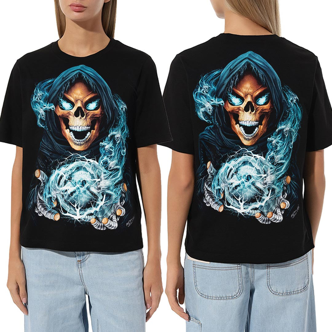 Schwarzes T-Shirt mit Todesblitz-Print, Vorder- und Rückseite