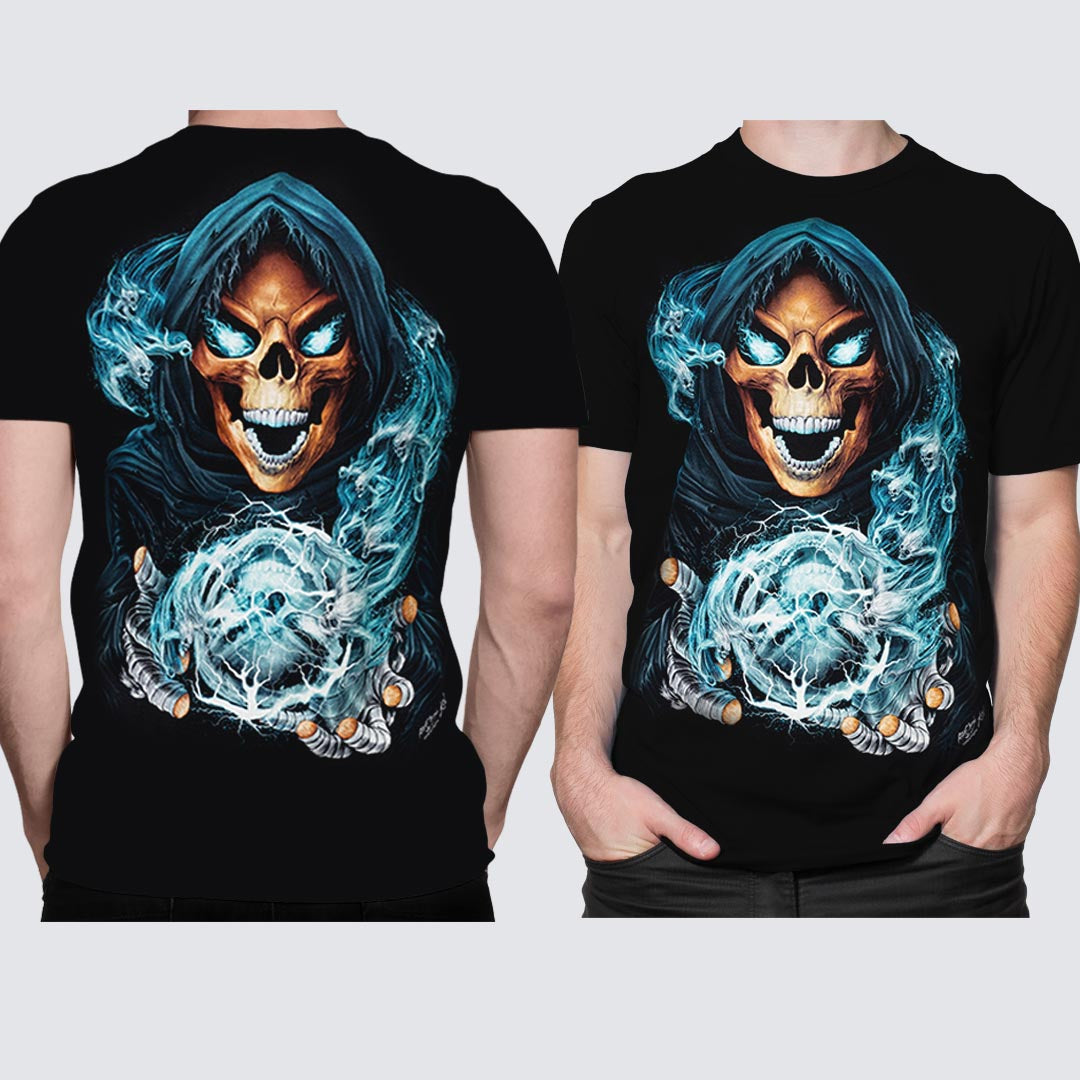 Schwarzes T-Shirt mit Todesblitz-Print, Vorder- und Rückseite
