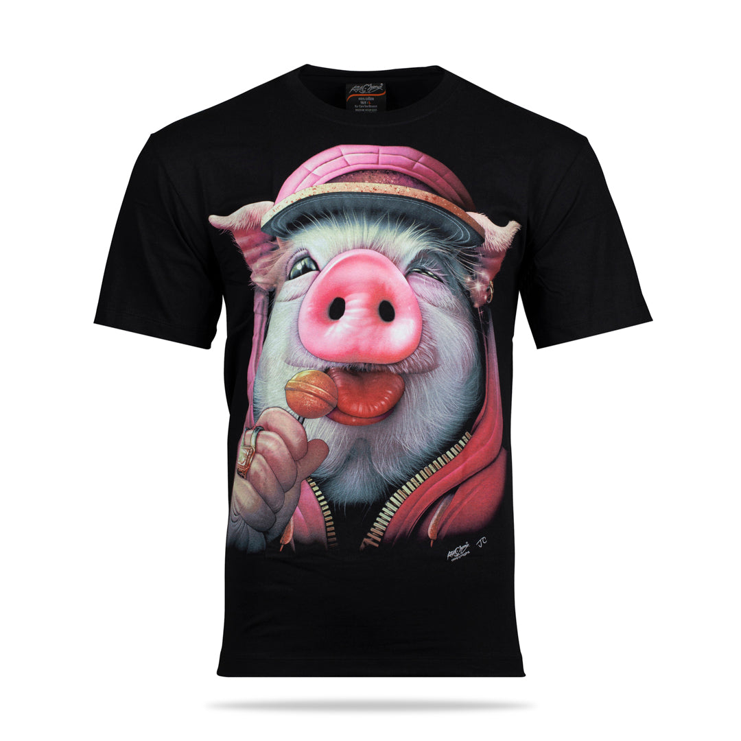 Schwarzes T-Shirt mit Schweinchen-Print, Vorderseite