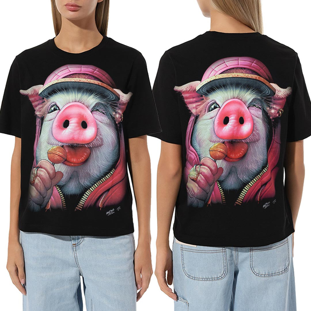 Schwarzes T-Shirt mit Schweinchen-Print, Vorder- und Rückseite