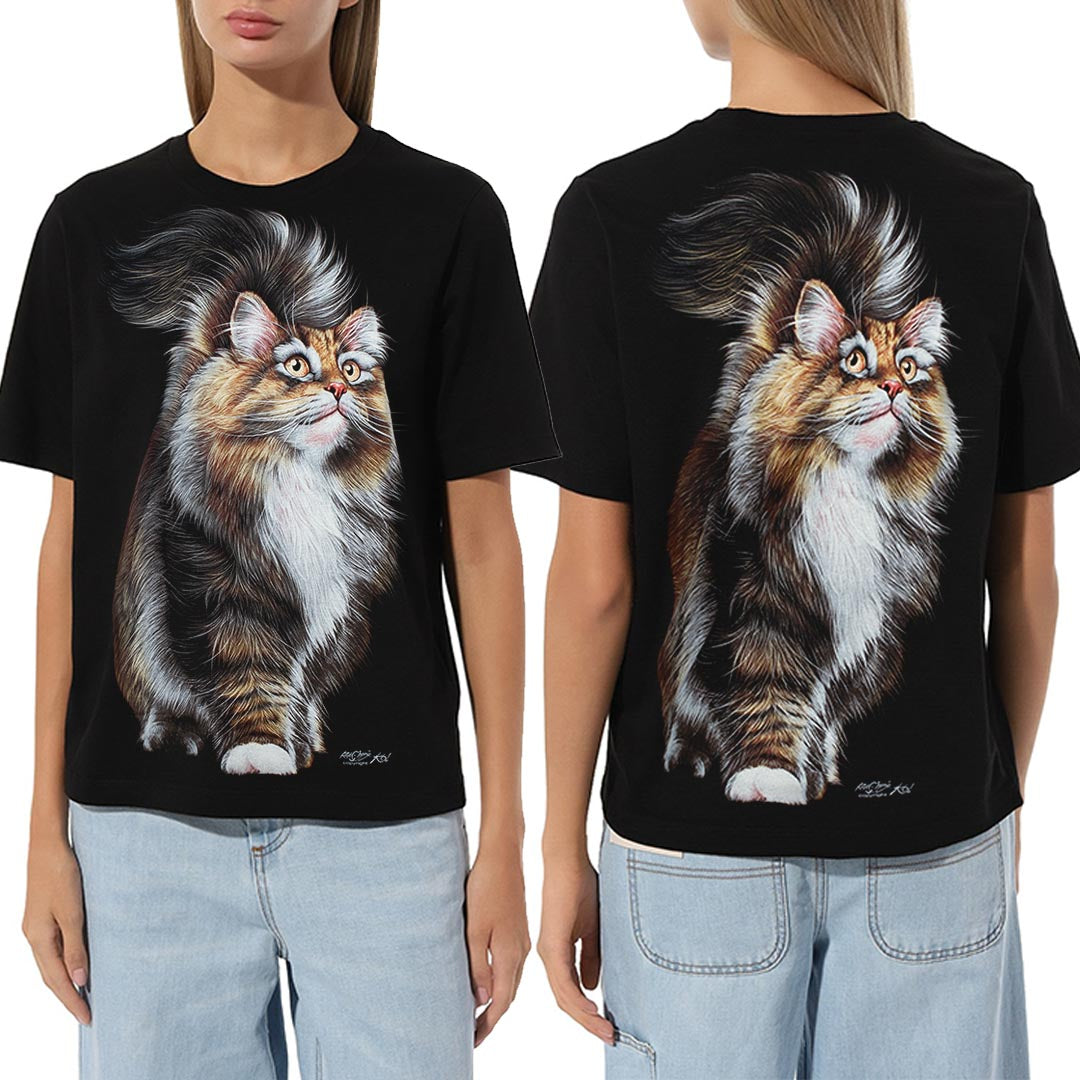 Schwarzes T-Shirt mit Maine Coon Katzen-Print, Vorder- und Rückseite