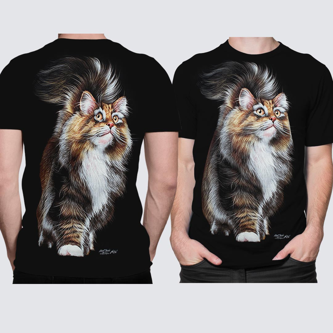 Schwarzes T-Shirt mit Maine Coon Katzen-Print, Vorder- und Rückseite