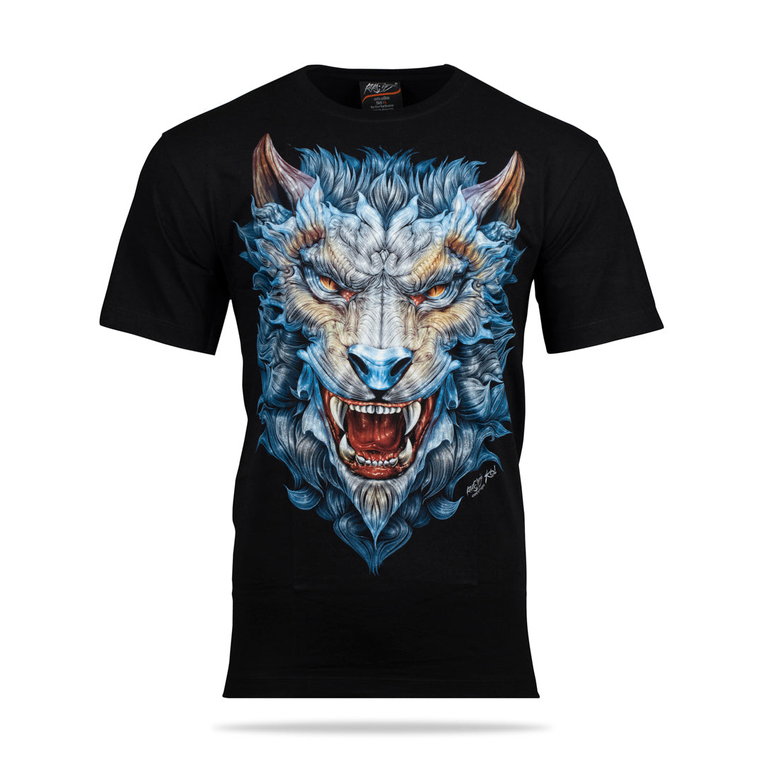 Schwarzes T-Shirt mit Werwolf-Print, Vorderseite 
