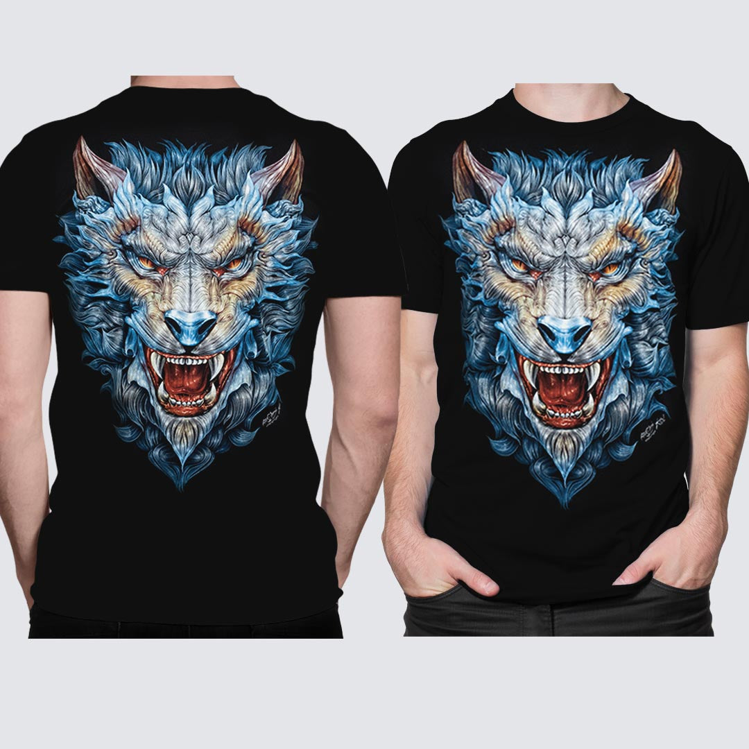 Schwarzes T-Shirt mit Werwolf-Print, Vorder- und Rückseite