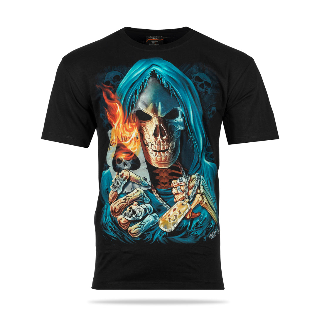 Schwarzes T-Shirt mit Totenkopf und Ass-Karte, Vorderseite 