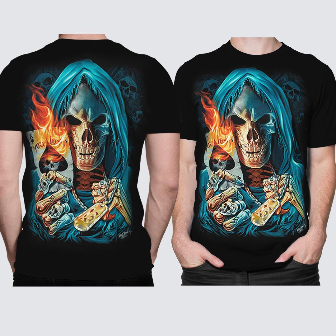 Schwarzes T-Shirt mit Totenkopf und Ass-Karte, Vorder- und Rückseite