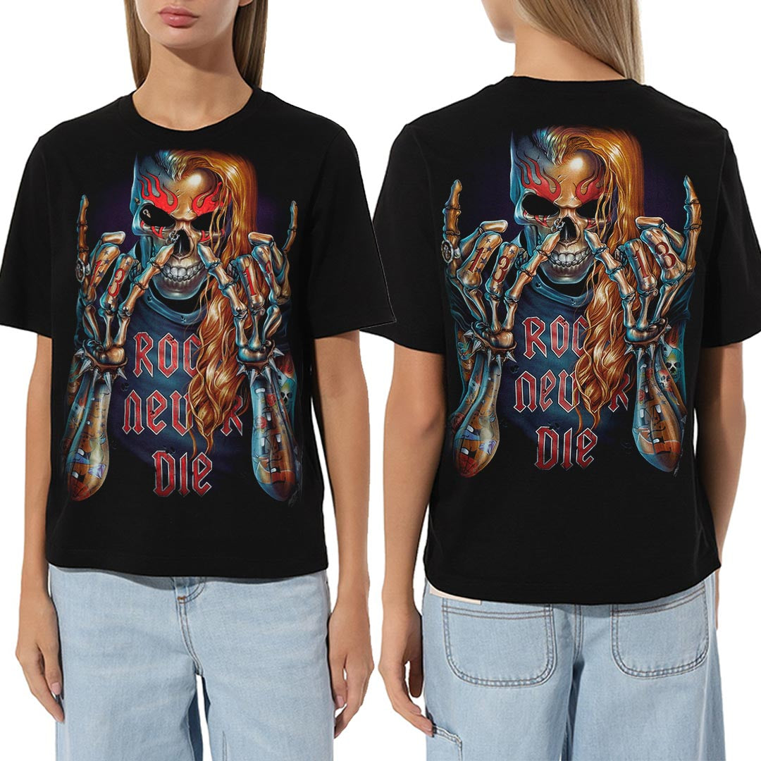 Schwarzes T-Shirt mit Totenkopf und Rock never die-Print, Vorder- und Rückseite 