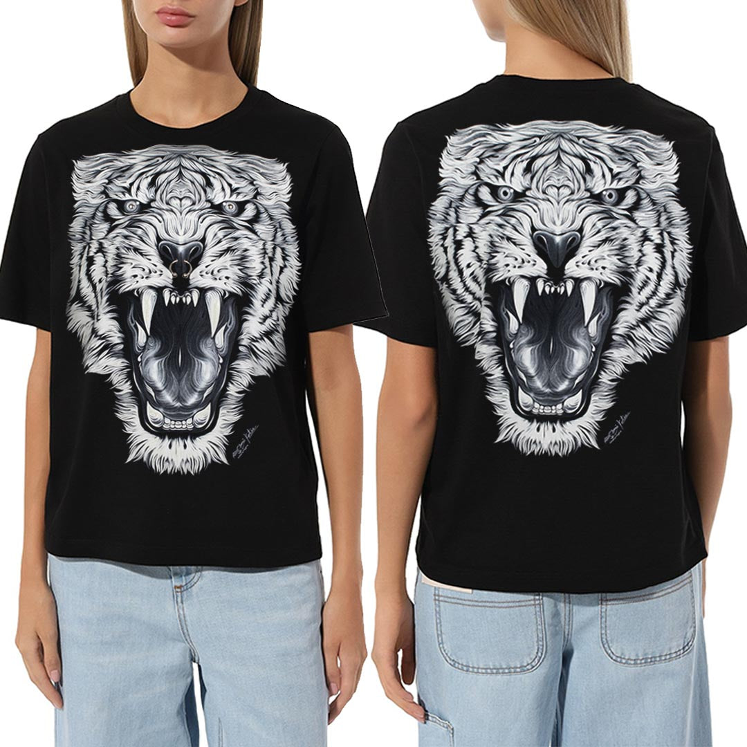 Schwarzes T-Shirt mit Weißem Tigerkopf Piercing-Print, Vorder- und Rückseite